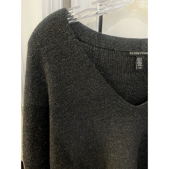 Eileen Fisher Merino Sparkle Wool Boxy Holiday Sweater L Black - Picture 2 of 8